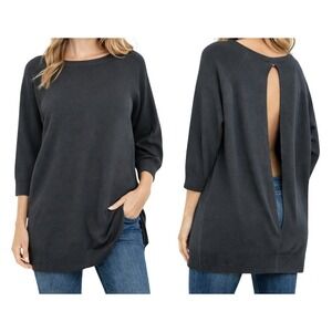 Sael Womens M Gray Perugia Split Open Back Cashmere Sweater‎ NWT